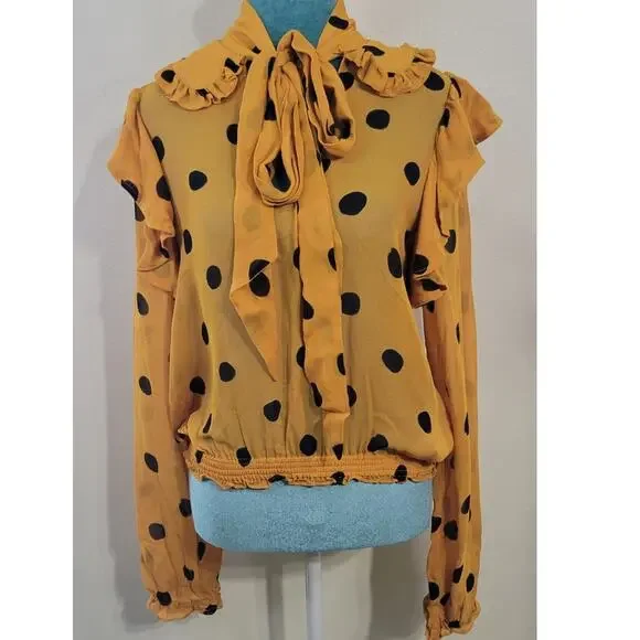 Farm Rio Blouse Womens X-Small Polka Dot Top Yellow & Black Preppy Glam Modern - Picture 2 of 8